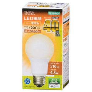 オーム電機 OHM オーム電機 LDA5L-G AG53 LED電球 LED電球 E26 40形相当 電球色 510lm 06-3081