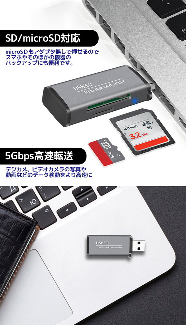  輸入特価アウトレット USB3.0カードリーダー マイクロSD SD シルバー