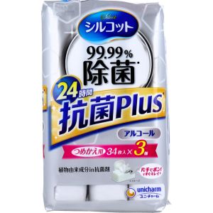 ユニチャーム Unicharm ユニチャーム シルコット 99.99パーセント 除菌 抗菌Plus ウェットティッシュ アルコールタイプ 詰替用 34枚入×3個パック