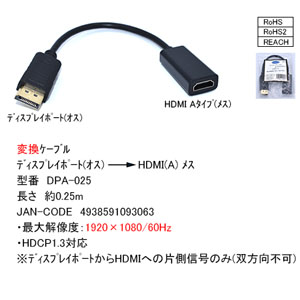 COMON DPA-025 Displai port オス → HDMI A type メス 0.25m