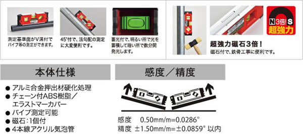  エビス EBISU エビス ED-15GTLMR 磁石付G-トレンディレベル レッド 水平器